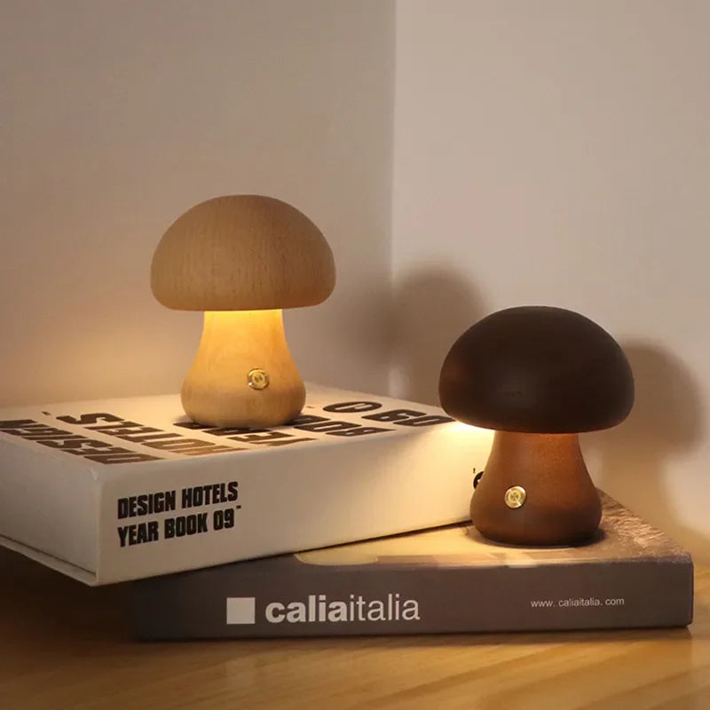 Rechargeable Wooden Mushrooms Table Lamp